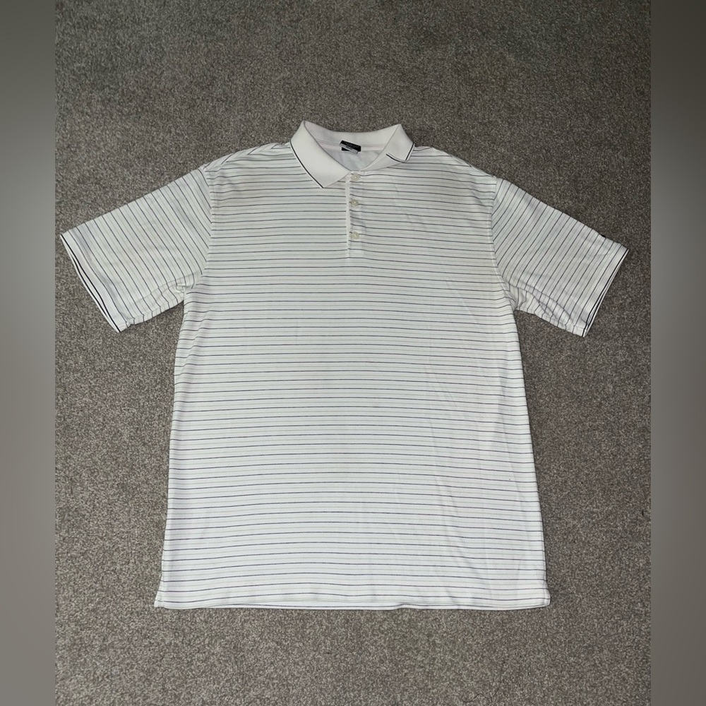 Nike Golf Dri-Fit Swoosh Logo Polo Mens Preppy Casual White Striped Shirt L